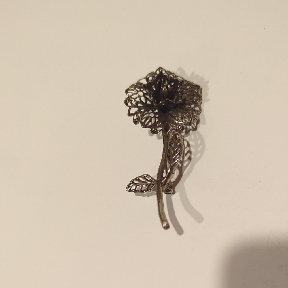 Vintage Silver Tone Filigree Flower Stem And Leaves Brooch Open Work Design